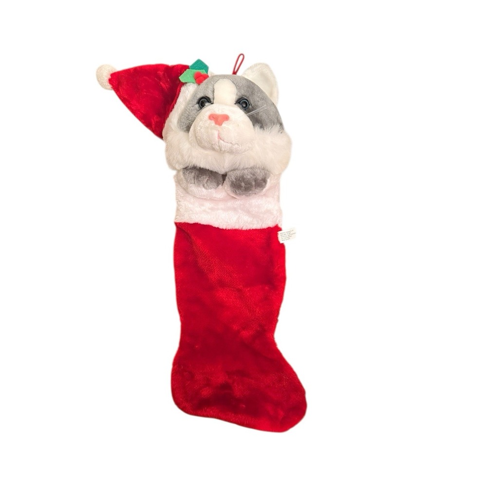 Vtg Pacific Products Ltd 3D Gray Cat Plush Red Christmas Stocking 21"‎ EUC